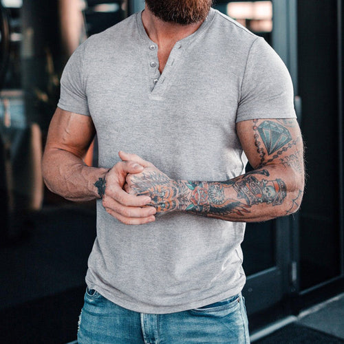 Herren Kurzarm-Henley-T-Shirt aus atmungsaktiver Baumwolle mit dekorativer Knopfleiste EB