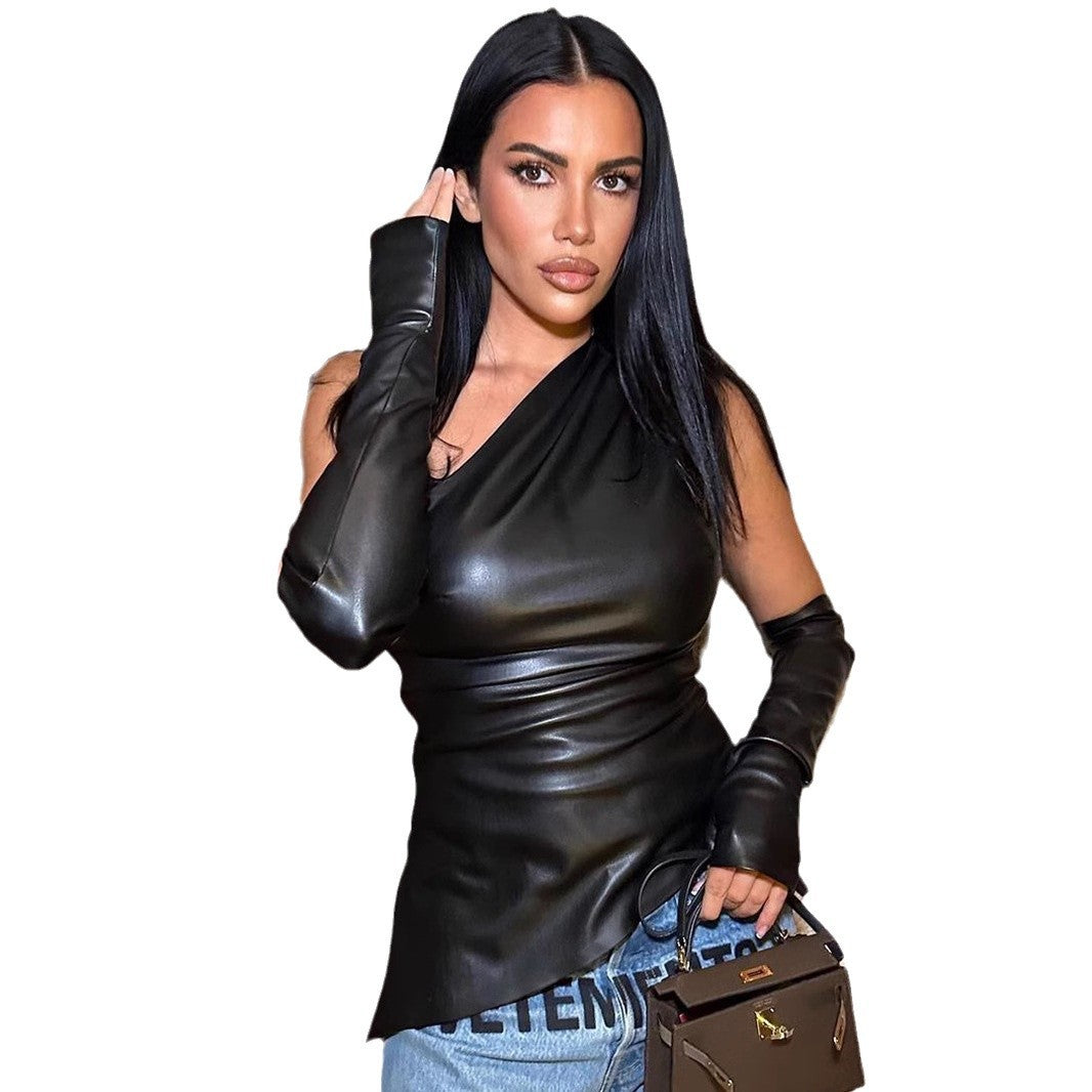 Damen Elegantes Top mit asymmetrischem Design und langen Armabschlüssen EB