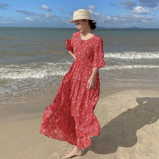 Damen fließendes Maxikleid mit schickem Paisleymuster und Taillenbindung EB