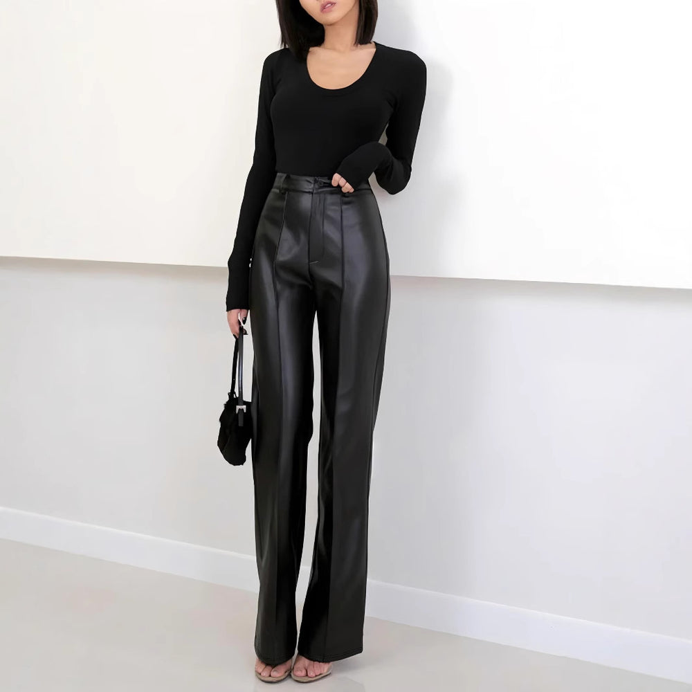 Damen Elegante High-Waist Kunstleder-Hose mit weitem Bein EB