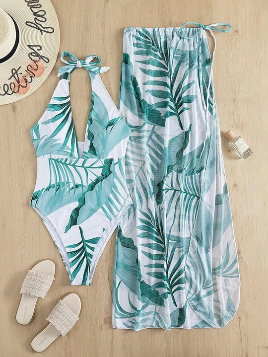 Damen Set aus einem einteiligen Badeanzug mit floralem Design und passendem Sarong EB