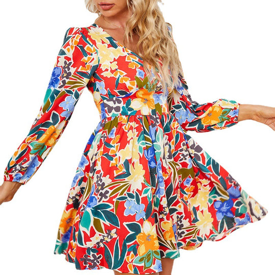 Damen Sommerliches Freizeitkleid mit voluminösen Ärmeln und floralen Mustern EB