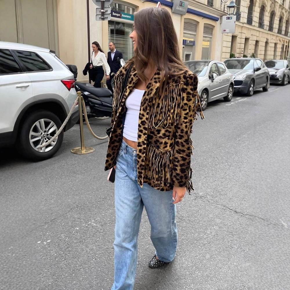 Damen Leoparden-Wildlederjacke mit Fransen und modischem Schnitt EB