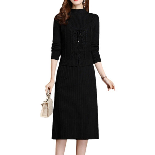 Damen elegantes Strickkleid mit hochgeschlossenem Kragen und dekorativem Zopfdesign EB