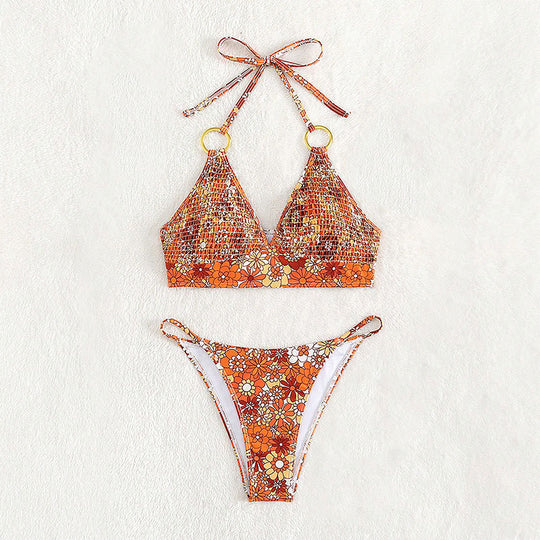 Damen Triangel-Bikini mit Ringen und floralem Design EB