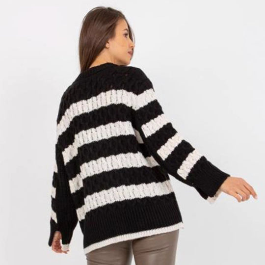 Damen Grobstrickpullover mit modischem Streifenmuster und voluminösen Ärmeln EB
