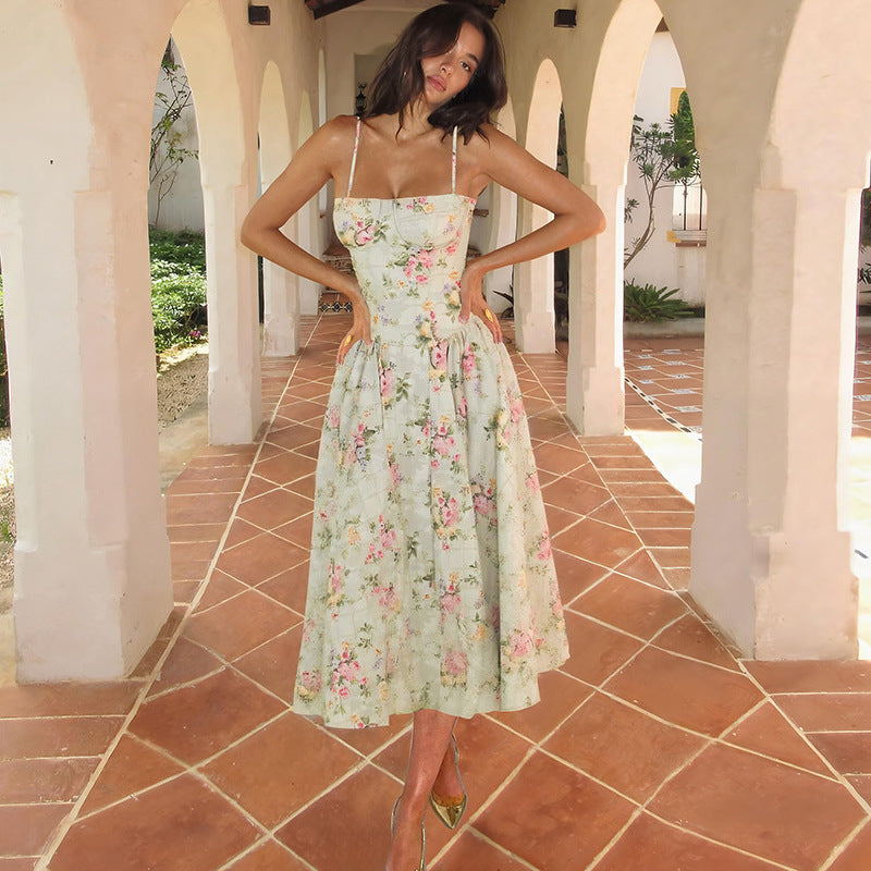 Damen Blumendesign Midi-Kleid mit Spaghettiträgern und fließendem Rock EB