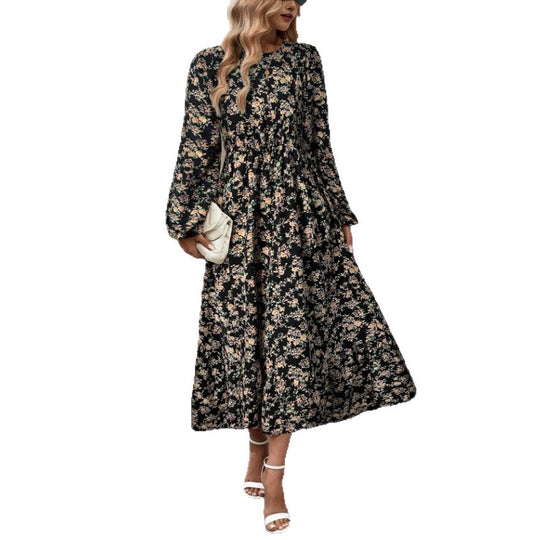 Damen Florales Midikleid mit elastischer Taillenpartie, langen Balloonärmeln und Volantstufe EB