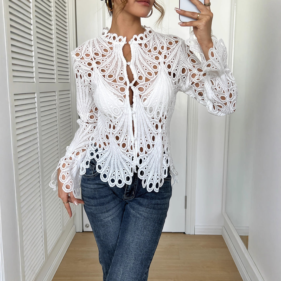 Damen Spitze Bluse mit eleganten Cut-Outs und figurschmeichelndem Design EB
