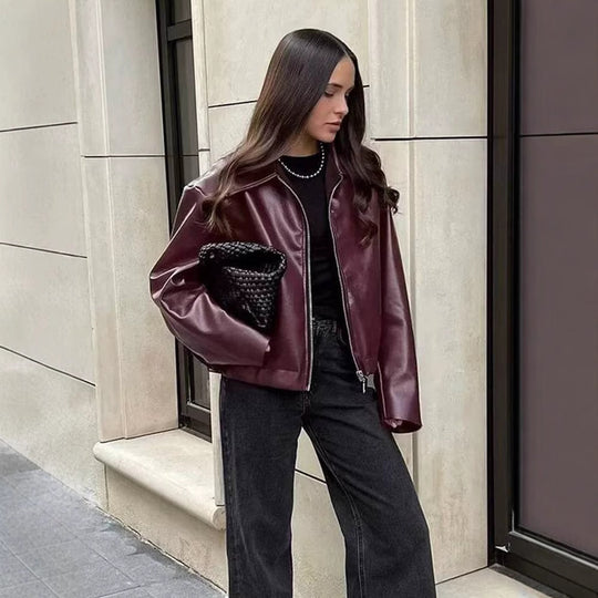 Damen modische Kunstlederjacke mit elastischem Bund EB