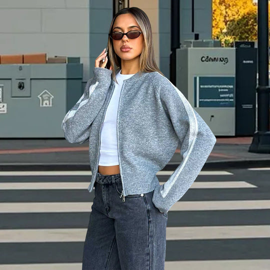 Damen sportlicher Strickpullover mit modischem Streifenmuster EB