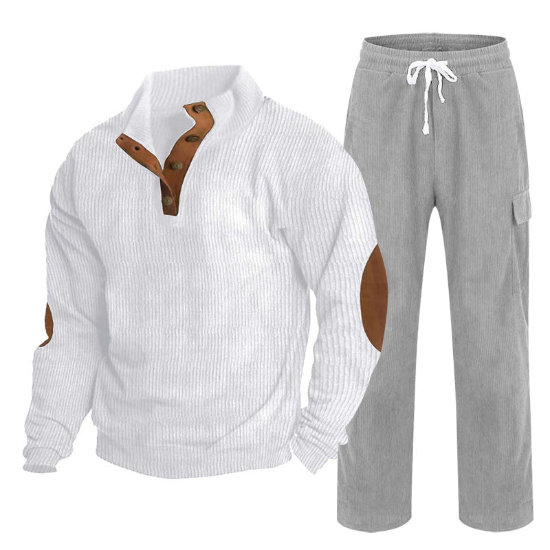 Herren nan Strick-Freizeitset mit Knopfleiste und Ellenbogenaufnähern sowie Cord-Cargohose EB