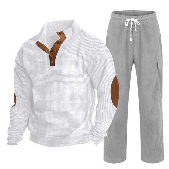 Herren nan Strick-Freizeitset mit Knopfleiste und Ellenbogenaufnähern sowie Cord-Cargohose EB