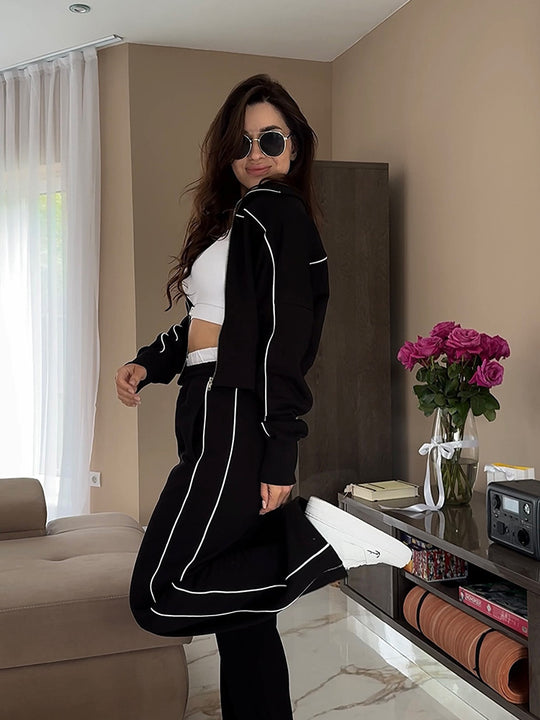 Damen nan zweiteiliges Sport-Loungewear-Set mit Stehkragen und Kontrastpaspel EB