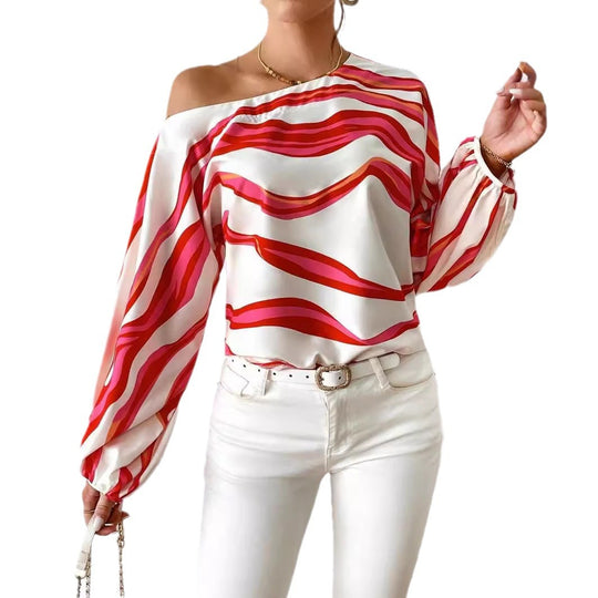 Damen Off-Shoulder Bluse mit voluminösen Ärmeln und maritimem Wellenmuster EB