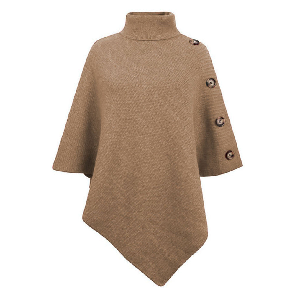 Damen nan asymmetrischer Strickponcho mit Rollkragen und dekorativer Knopfleiste EB
