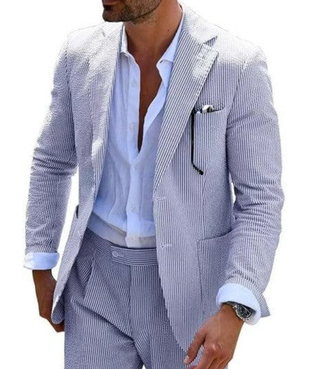 Herren nan sommerlicher Seersucker-Anzug mit ungefüttertem Sakko, schmaler Passform und Faltenhose EB