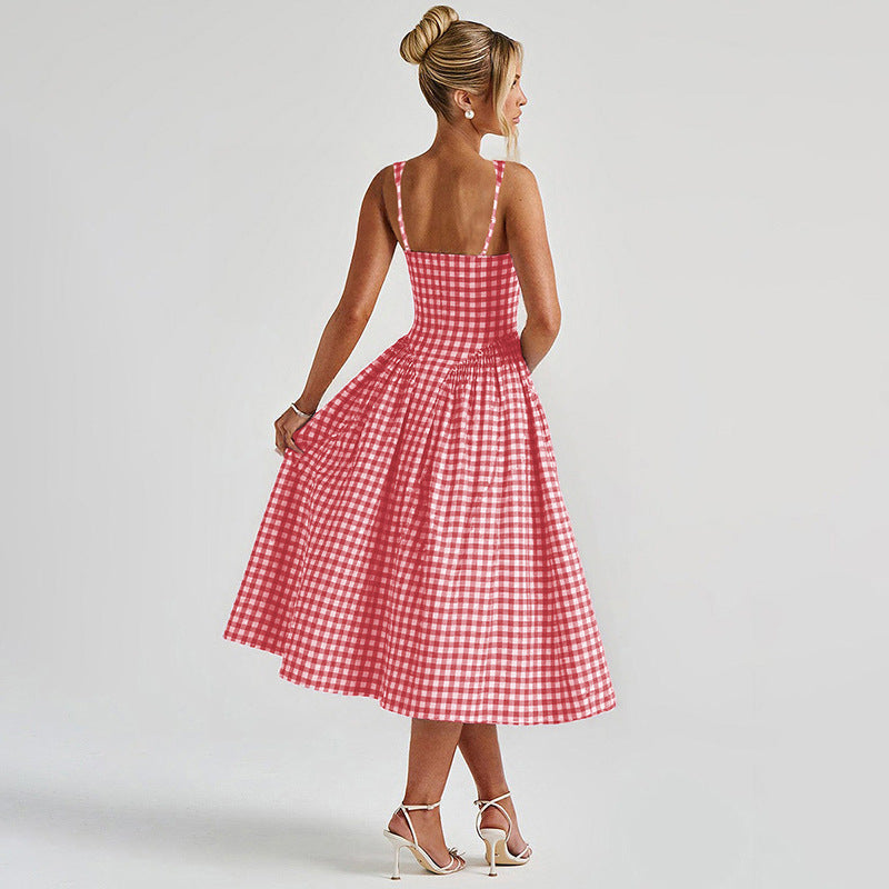 Damen Sommerliches Maxikleid mit Karo-Design und seitlichen Raffungselementen EB