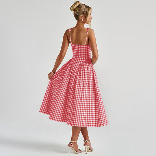Damen Sommerliches Maxikleid mit Karo-Design und seitlichen Raffungselementen EB