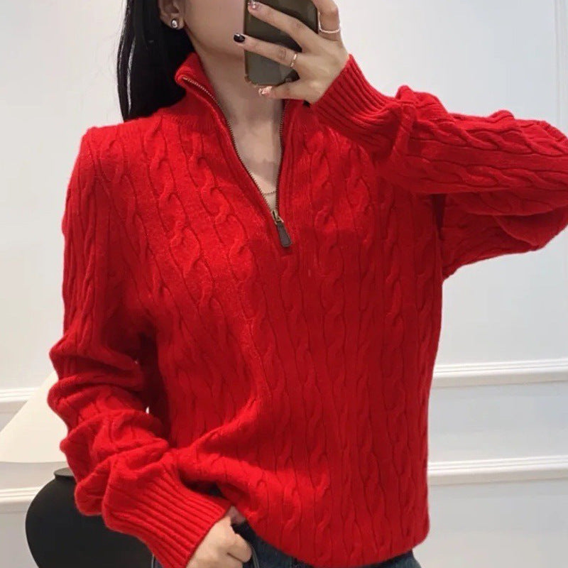 Herren eleganter Strickpullover mit halbem Reißverschluss und Zopfstrickmuster EB