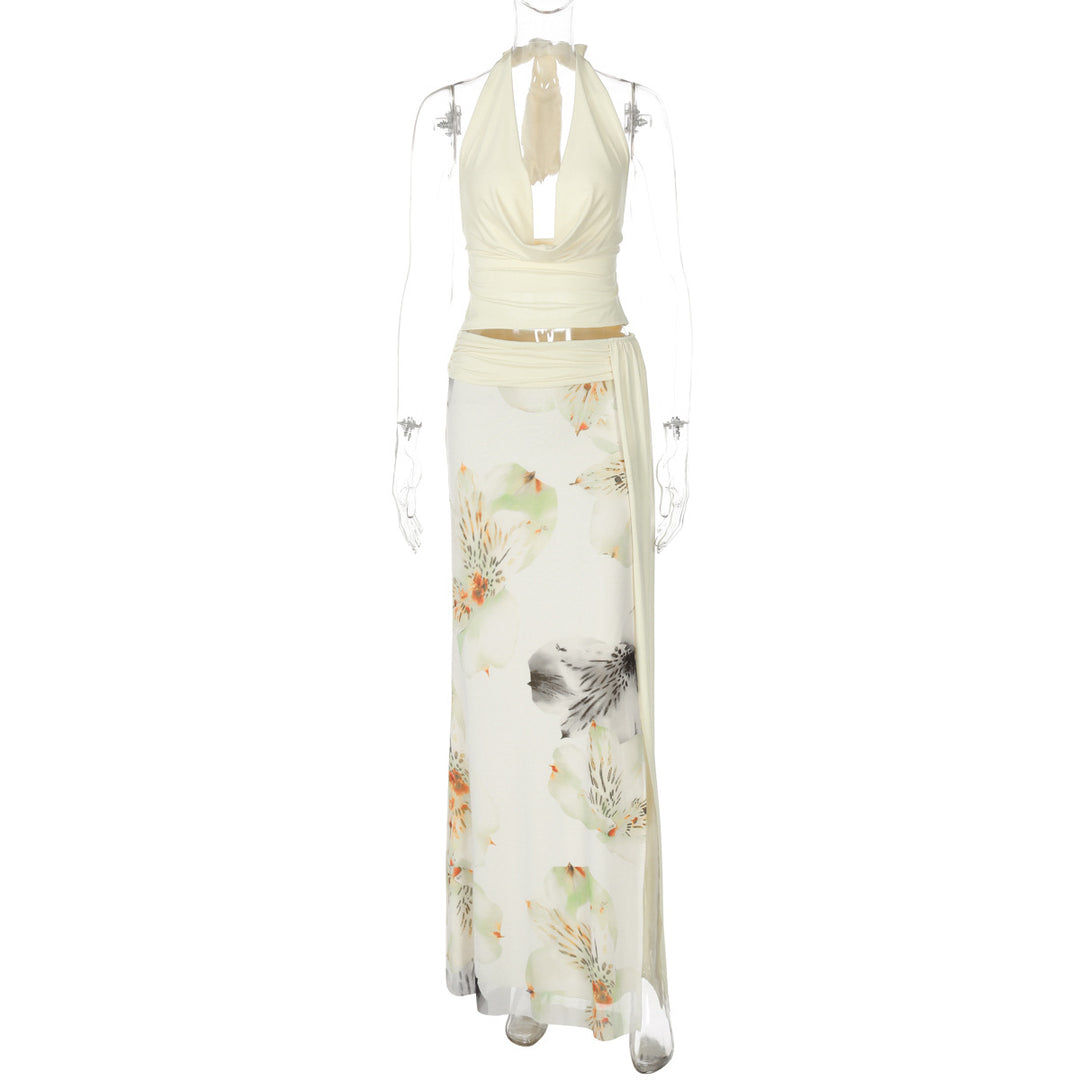 Damen Elegantes Maxikleid mit floralem Halterdesign und seitlichem Schlitz EB