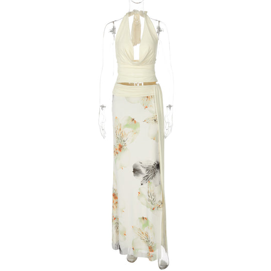 Damen Elegantes Maxikleid mit floralem Halterdesign und seitlichem Schlitz EB