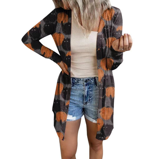 Damen Langärmlige Bluse mit Tiermuster und Knopfverschluss EB