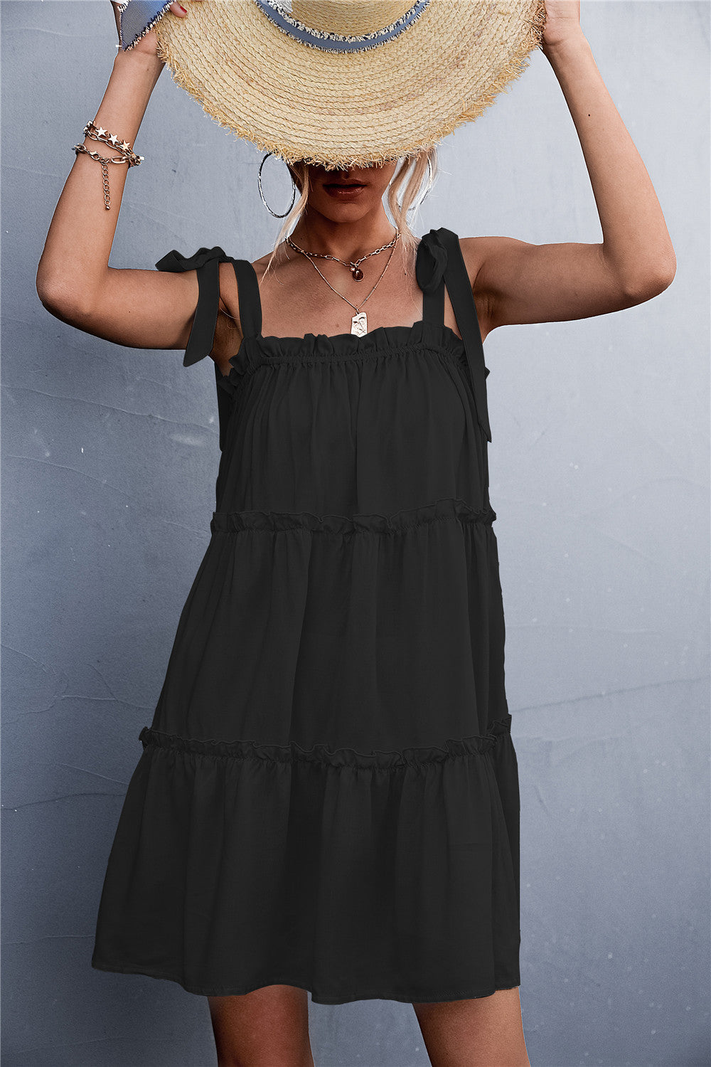 Damen luftiges Sommerkleid mit Rüschendetails und verstellbaren Trägern EB