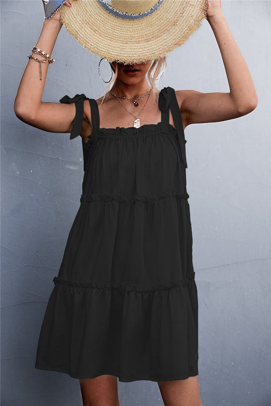 Damen luftiges Sommerkleid mit Rüschendetails und verstellbaren Trägern EB