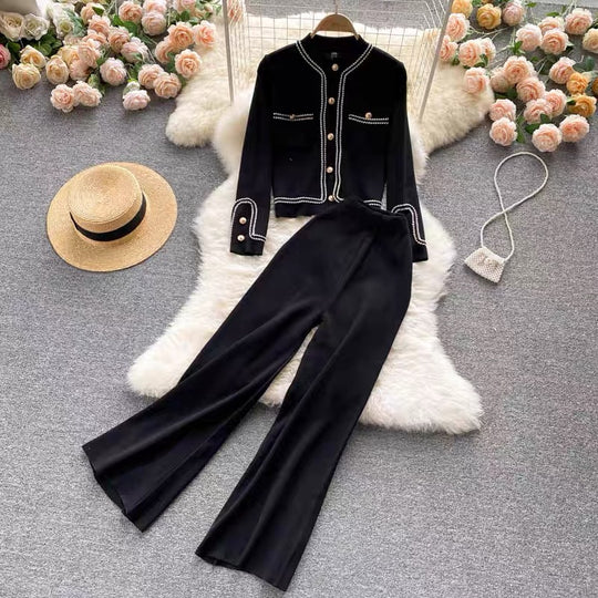 Damen elegantes Strick-Loungewear-Set mit feinen Knopfdetails und weitem Bein EB