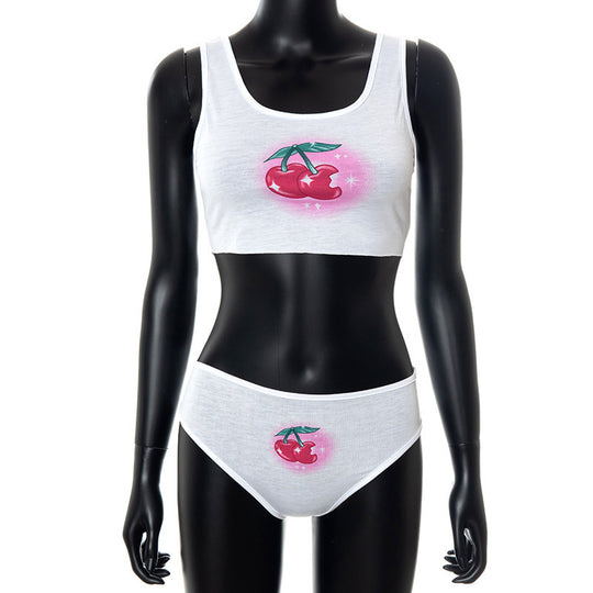 Damen Crop-Top und Unterhosen-Set mit fröhlichem Kirschmotiv EB