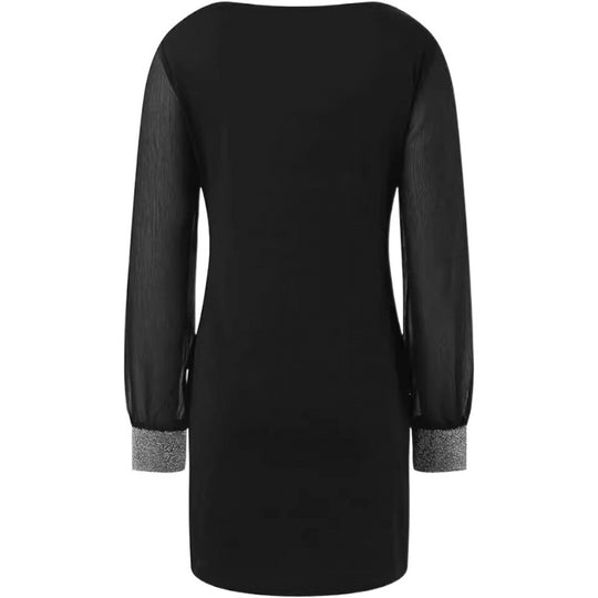 Damen Elegantes V-Ausschnitt Minikleid mit transparenten langen Ärmeln und Edelsteinakzenten EB