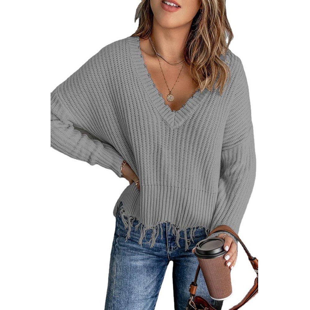 Damen Lässiger Strickpullover mit V-Ausschnitt und fransigem Saum EB
