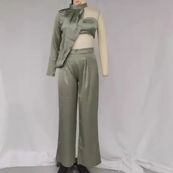 Damen Elegantes Zweiteiliges Set mit asymmetrischem Oberteil und weit geschnittener Hose EB