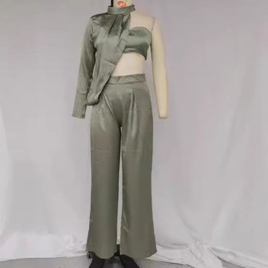 Damen Elegantes Zweiteiliges Set mit asymmetrischem Oberteil und weit geschnittener Hose EB