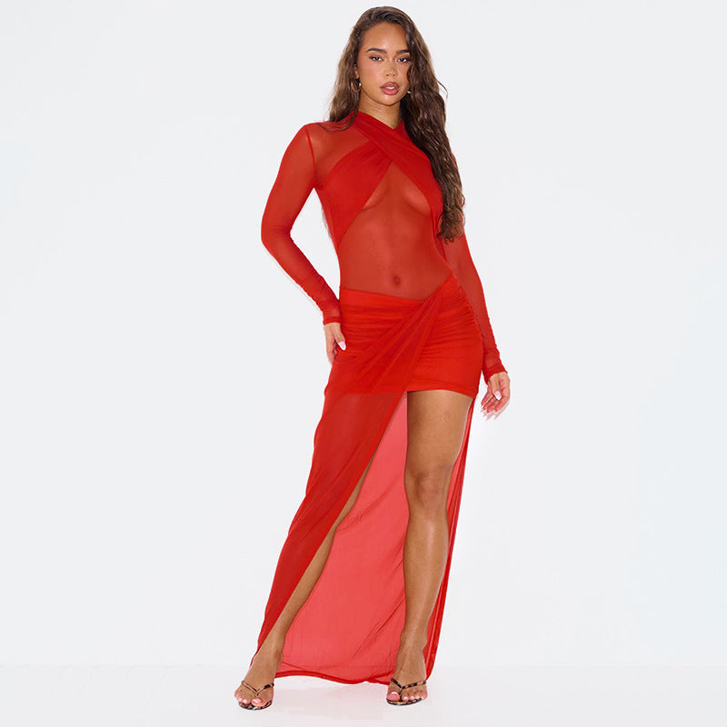Damen Transparente Maxikleid mit Drapierungen und hochgeschlossenem Design EB
