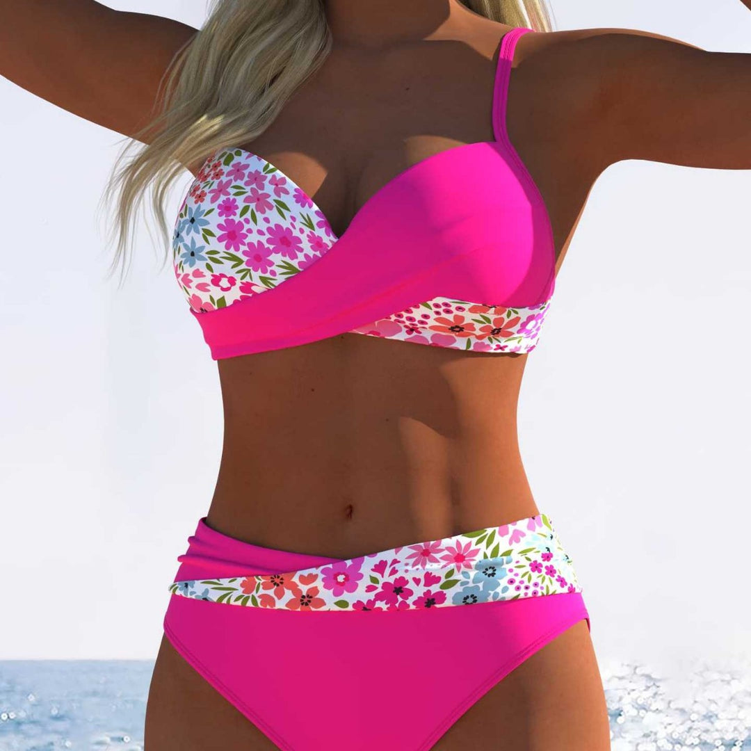 Damen Bikini-Set mit floralem Wickelmuster und bequemen High-Waist-Höschen EB