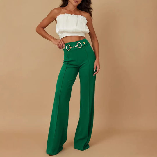 Damen weite Hochtaillenhose mit dekorativem Gürtel und eleganter Nahtführung EB