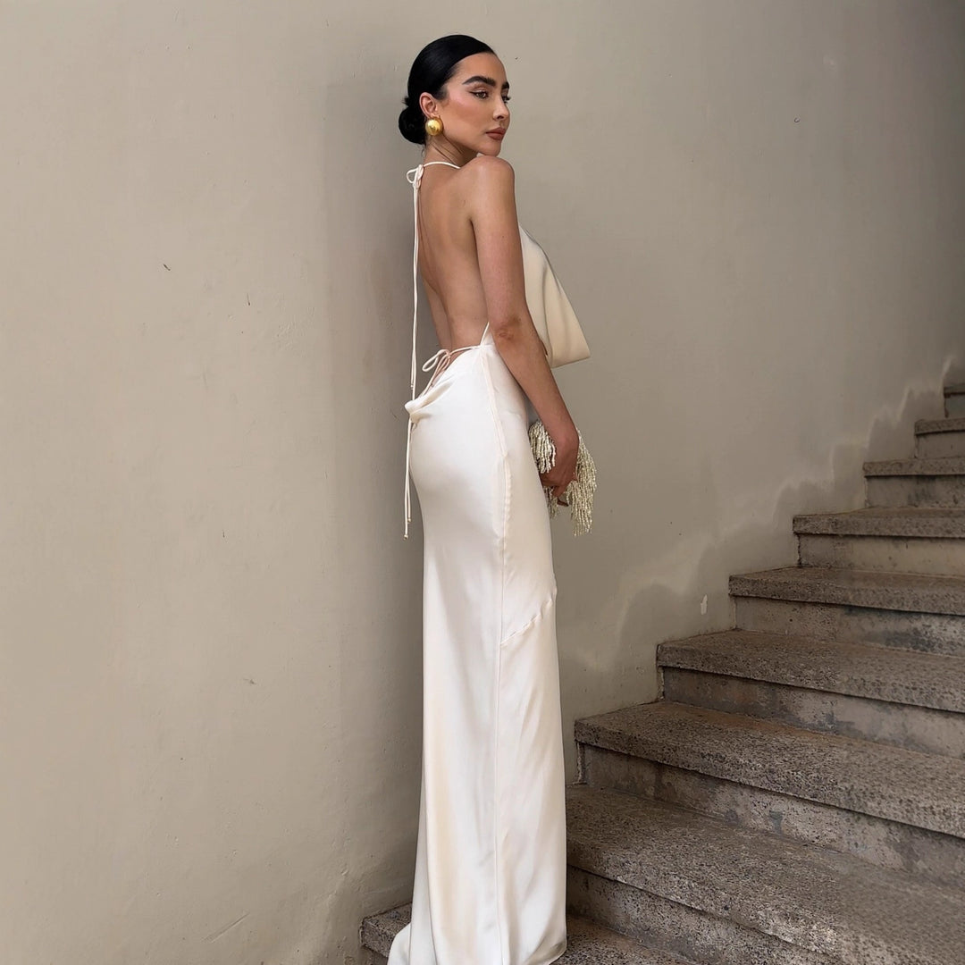 Damen elegantes Chiffon-Maxikleid mit tiefem Rückenausschnitt und raffiniertem Wickeldesign EB