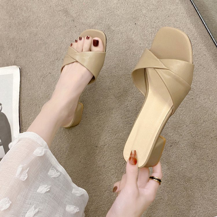 Damen elegante Mules mit gekreuzten Riemen und Blockabsatz EB