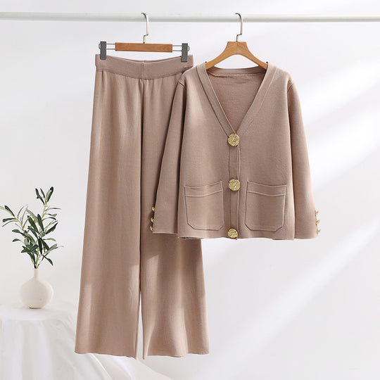 Damen elegantes Strick-Loungewear-Set mit weiten Bein und schönen Knöpfen EB