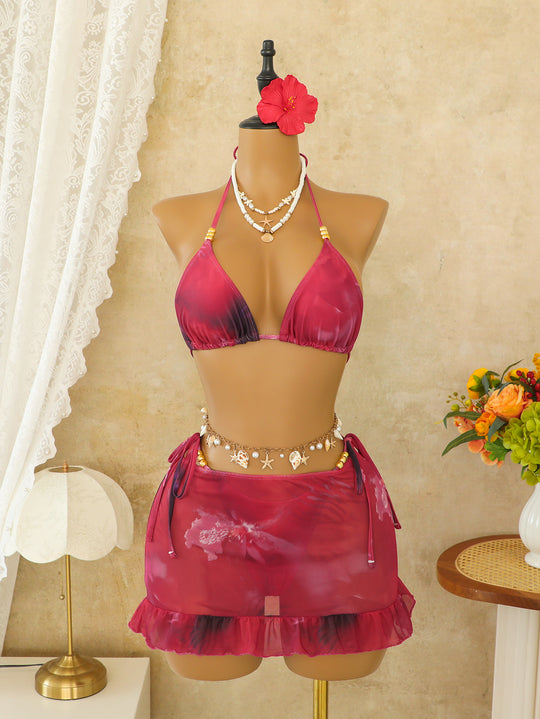 Damen Bikini-Top mit verzierten Bändern und passendem Wickelrock EB
