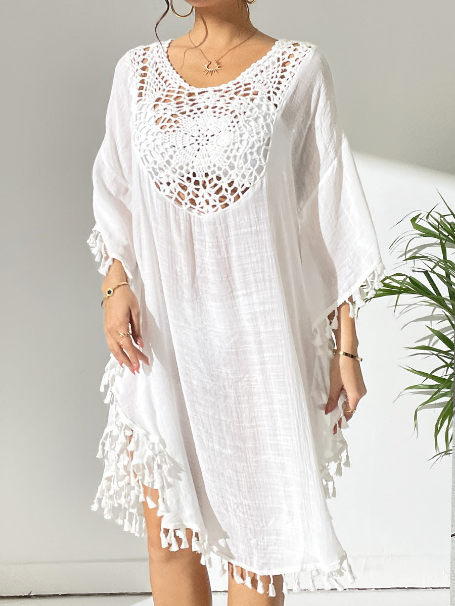 Damen Strandtunika mit elegantem Häkelmuster und fransigen Details EB