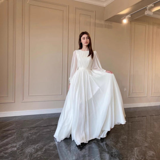 EB | Durchsichtiges Weißes Hochzeitskleid Rundhalsausschnitt Lange Ärmel Kleid
