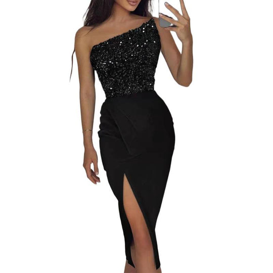 Damen Glamouröses Abendkleid mit asymmetrischem Ausschnitt und schimmerndem Oberteil EB