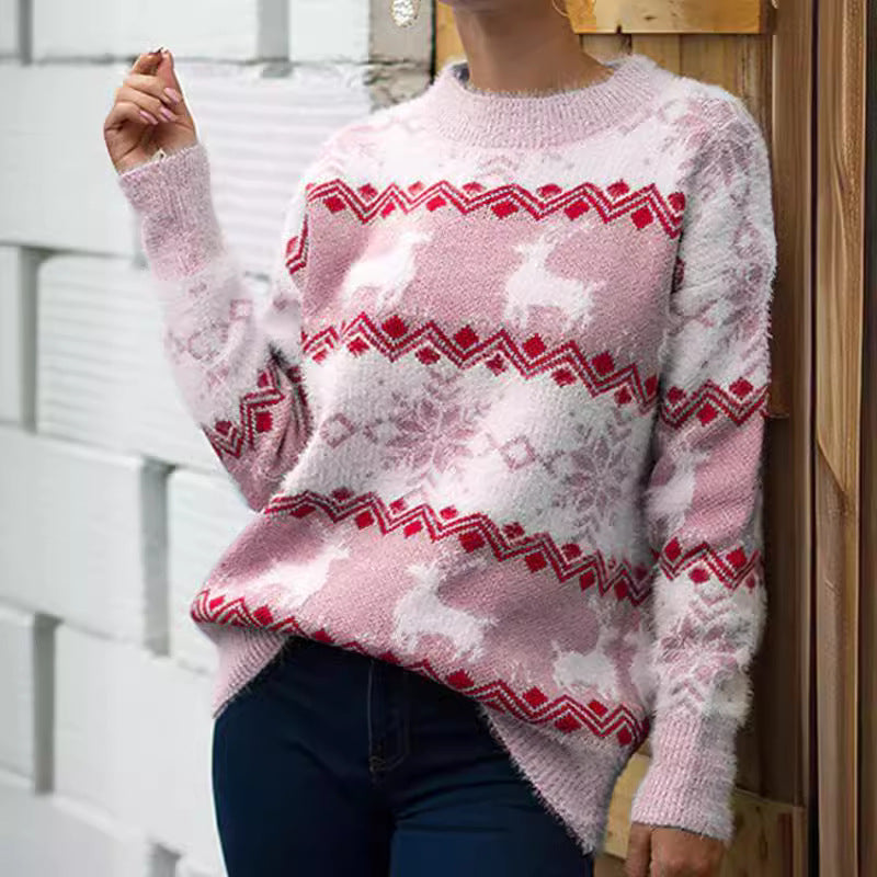 Damen gemütlicher Weihnachtspullover mit festlichem Rentierdesign EB