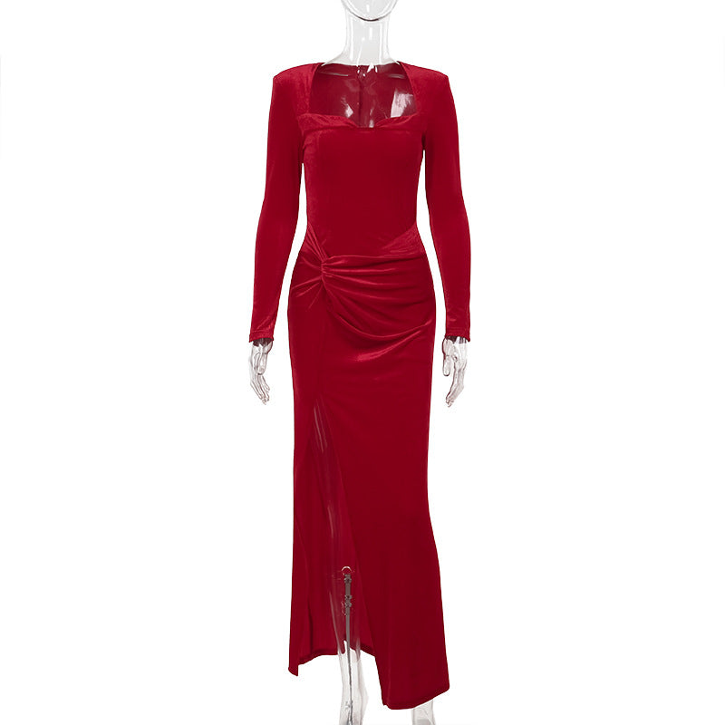 Damen elegantes langärmeliges Abendkleid mit hohem Schlitz und Rüschendetails EB