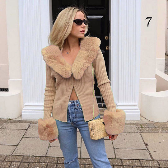 Damen Strickjacke mit luxuriösem Pelzkragen und modischen Puffärmeln EB