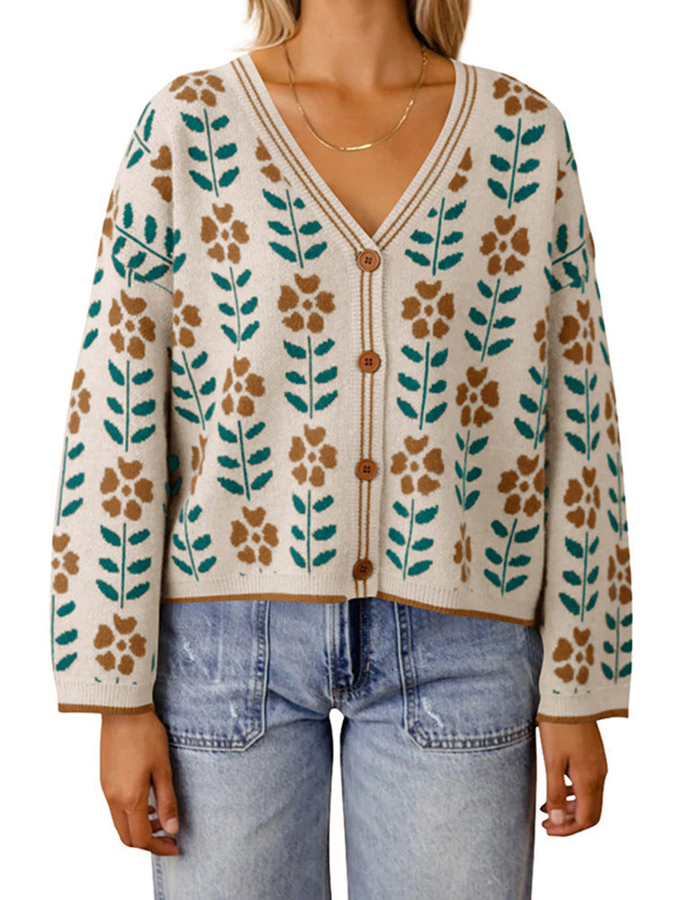 Damen Strickjacke mit floralem Design und Knopfdetails EB