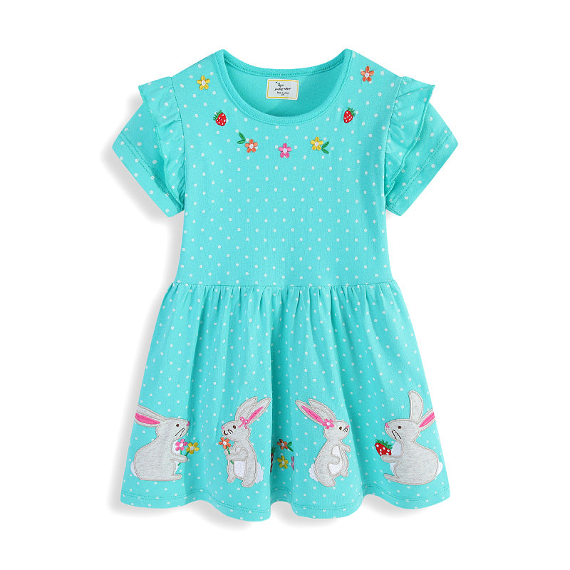 Mädchen Kurzarm Kleid mit verspieltem Hasen- und Blumenmotiv EB